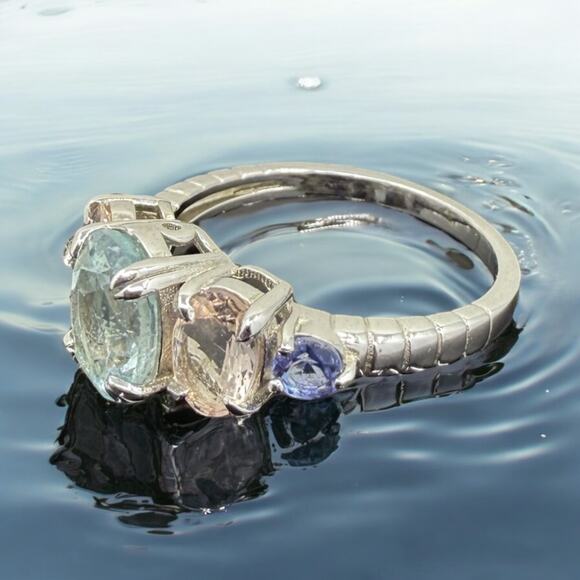 2.25ct Natural Aquamarine Morganite Tanzanite Ring 925 Sterling Silver Size 6 - Picture 5 of 8